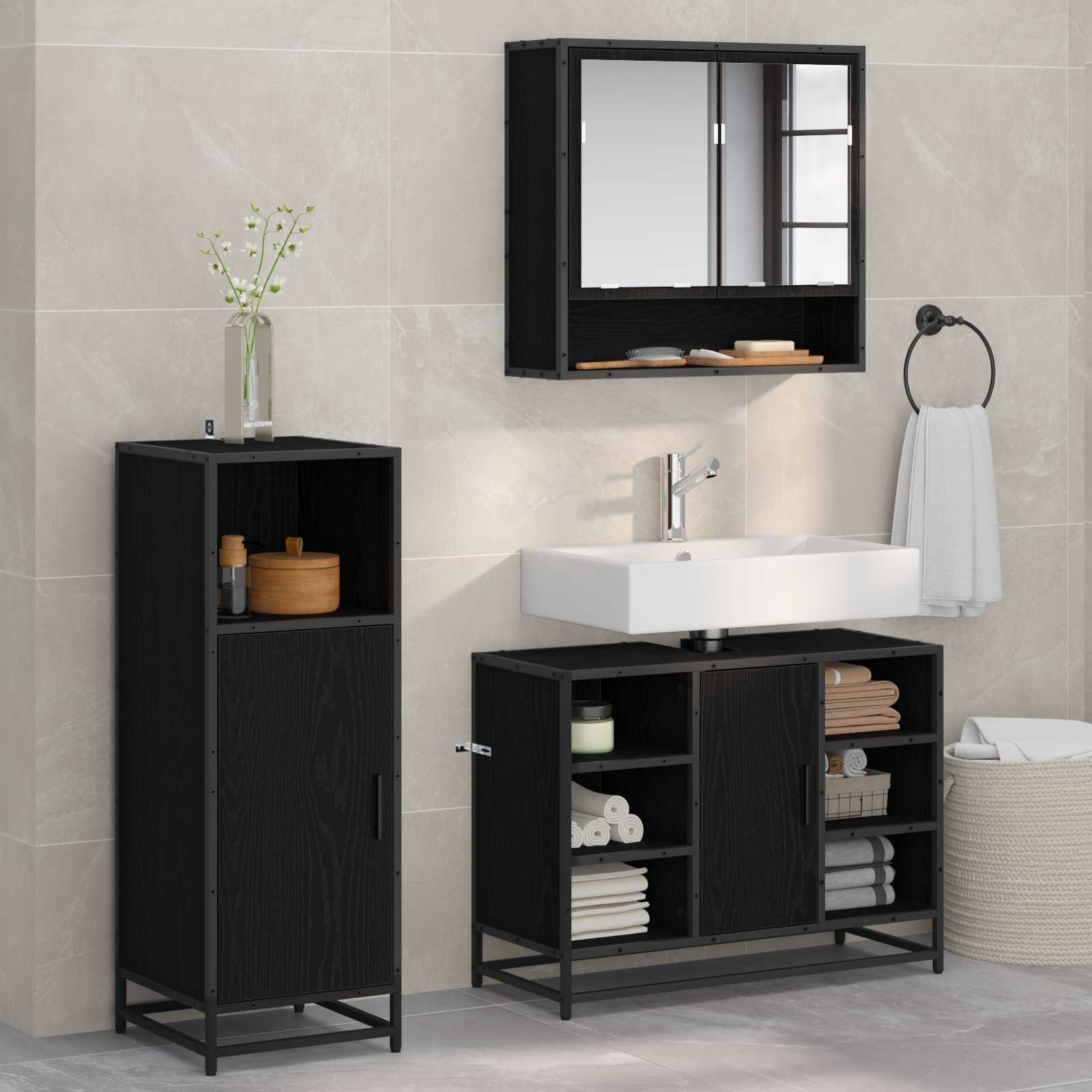 vidaXL Badezimmermöbel-Set 3 pcs Schwarz Eichen-Optik Holzwerkstoff