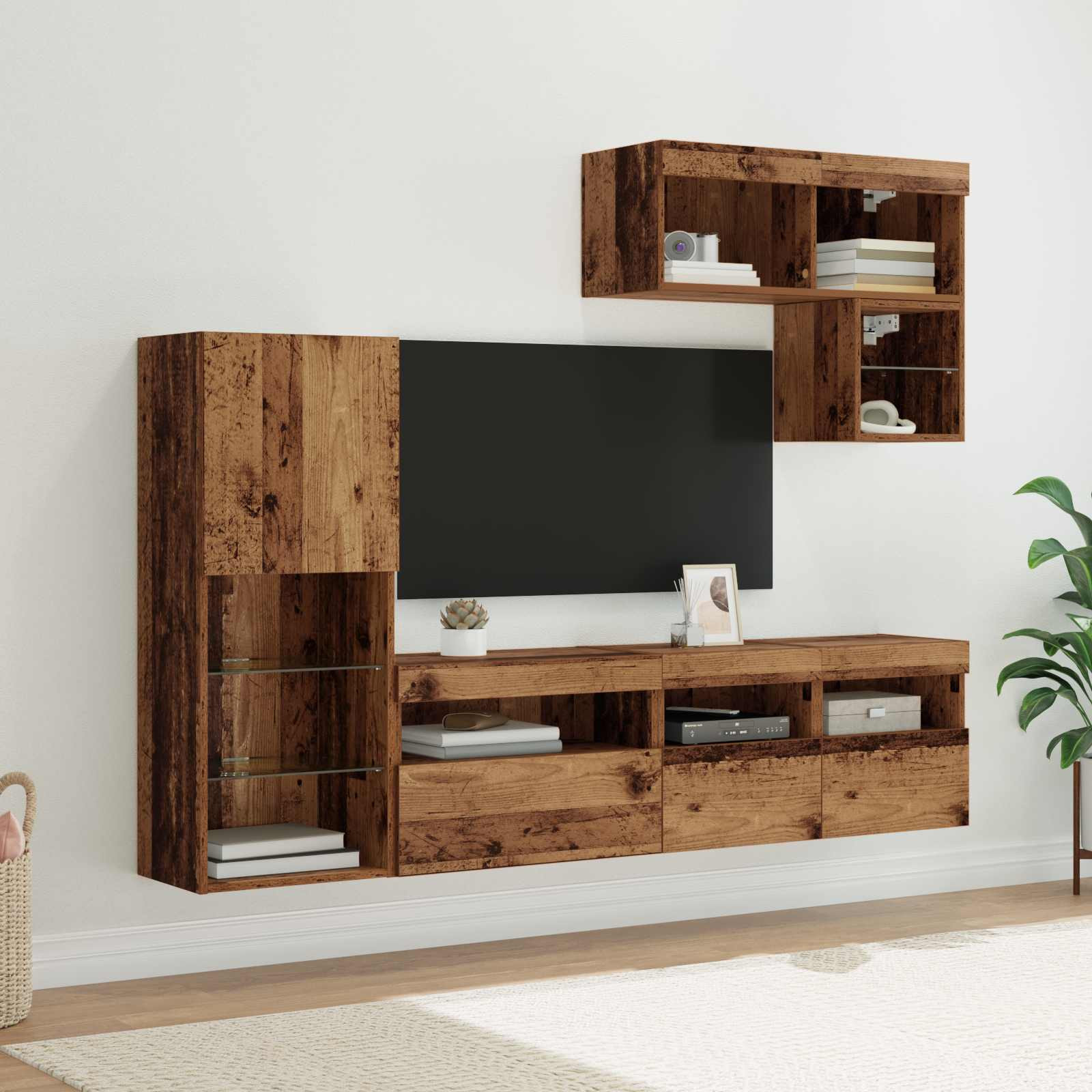 vidaXL TV-Wandgeräte mit LED-Lichtleisten 6 pcs Altholz Holzwerkstoff