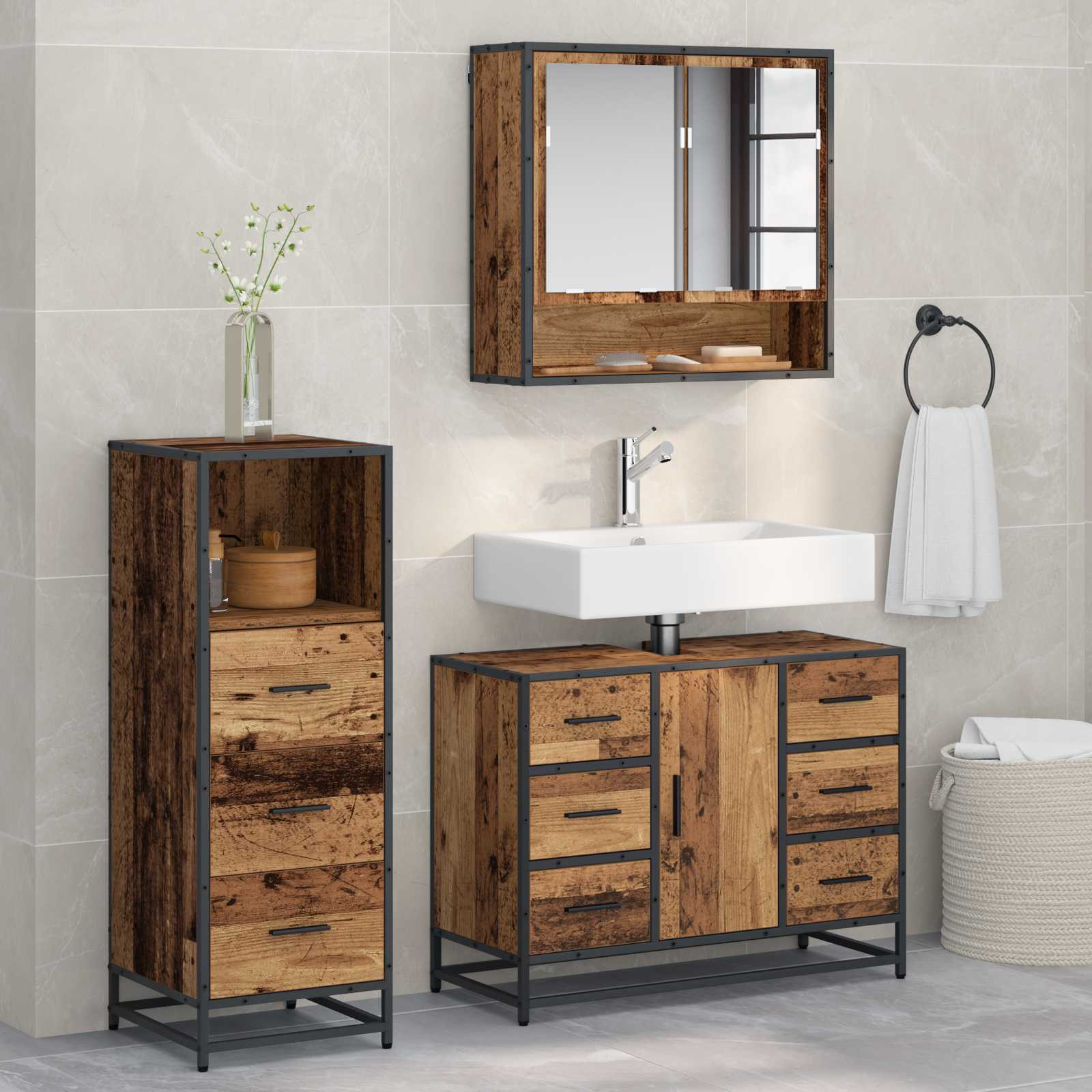 vidaXL Badezimmermöbel-Set mit Schubladen 3 pcs Altholz Holzwerkstoff