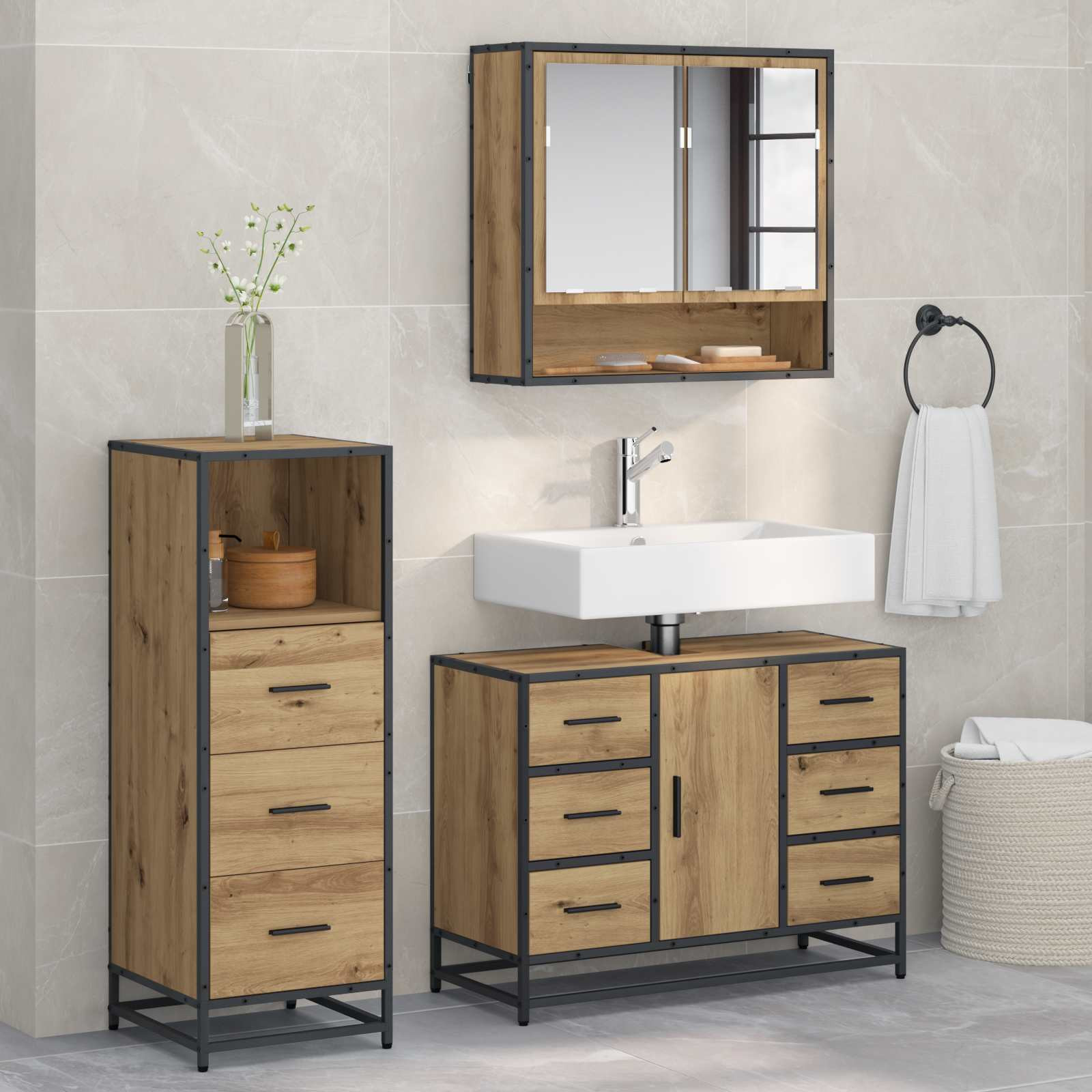vidaXL Badezimmermöbel-Set 3 Stk. Artisan-Eiche 80 x 33 x 60 cm