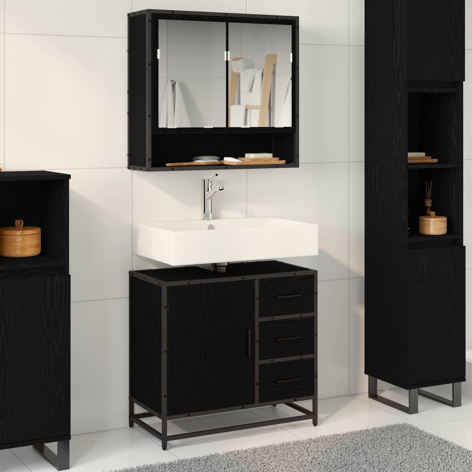 vidaXL Badezimmermöbel-Set 2 pcs Schwarz Eichen-Optik Holzwerkstoff
