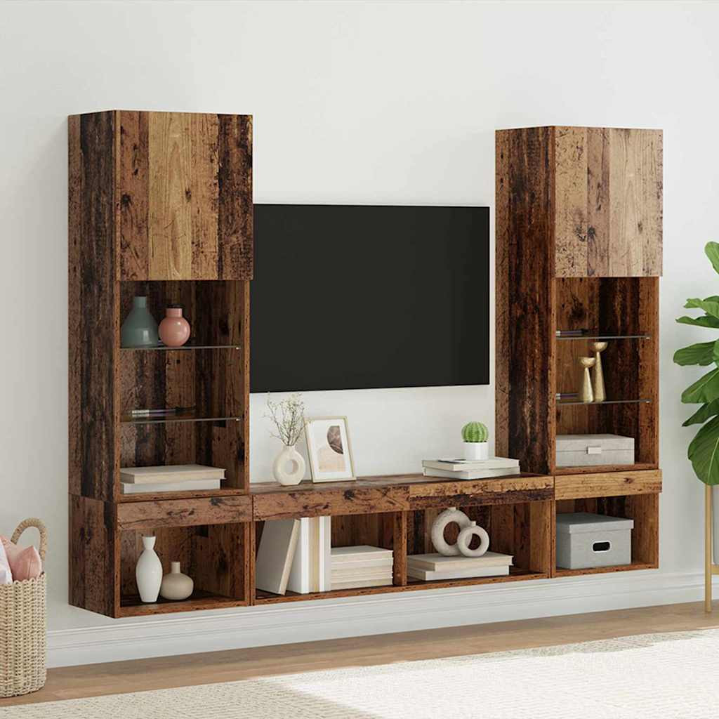 vidaXL TV Wand Einheiten mit LED mit LED 5 pcs Altholz Holzwerkstoff