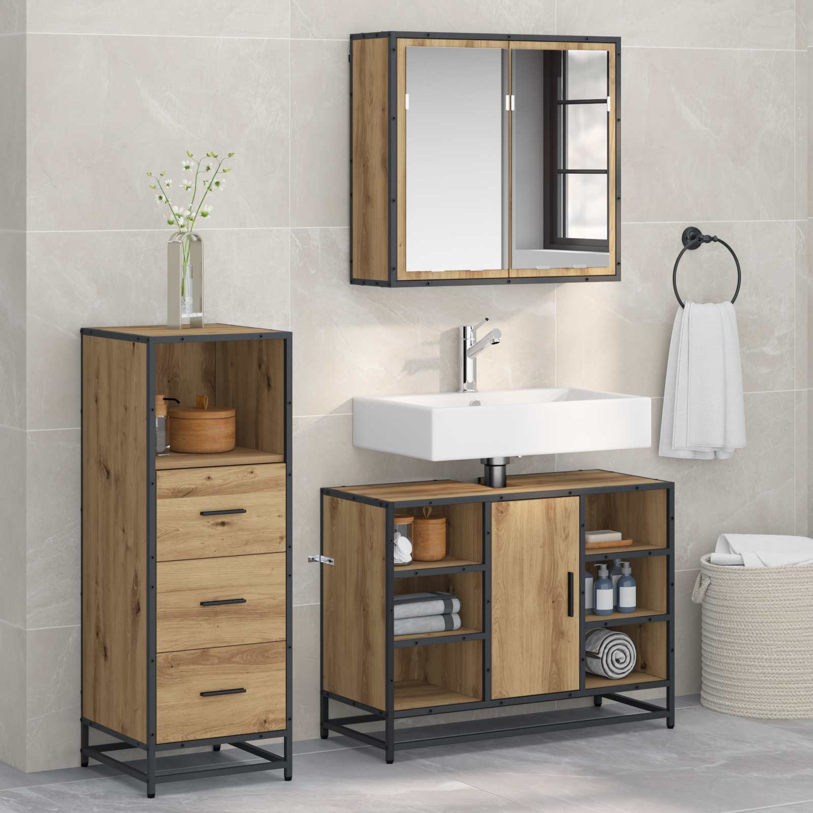 vidaXL Badezimmermöbel-Set 3 Stk. Artisan-Eiche 80 x 33 x 60 cm