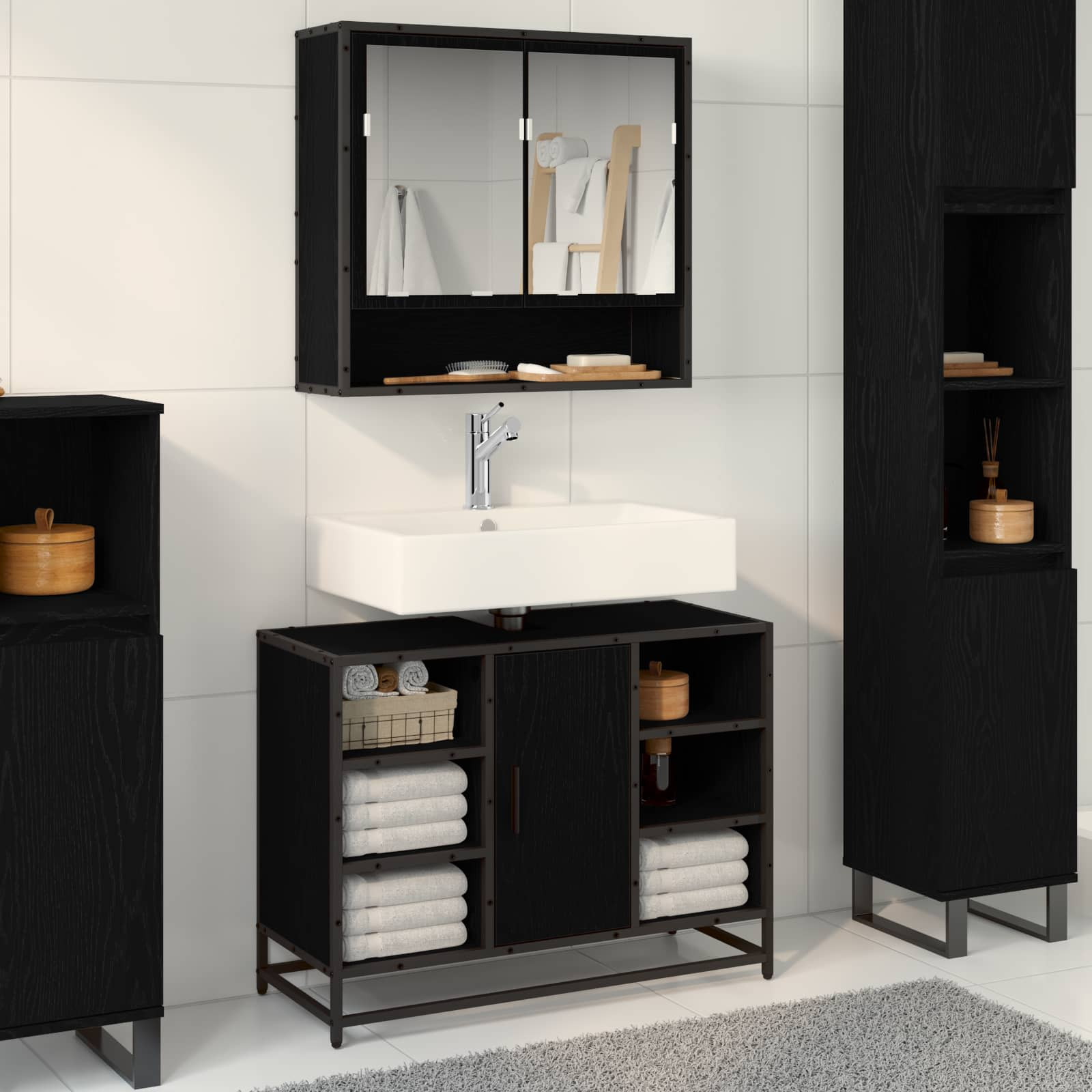 vidaXL Badezimmermöbel-Set 2 pcs Schwarz Eichen-Optik Holzwerkstoff