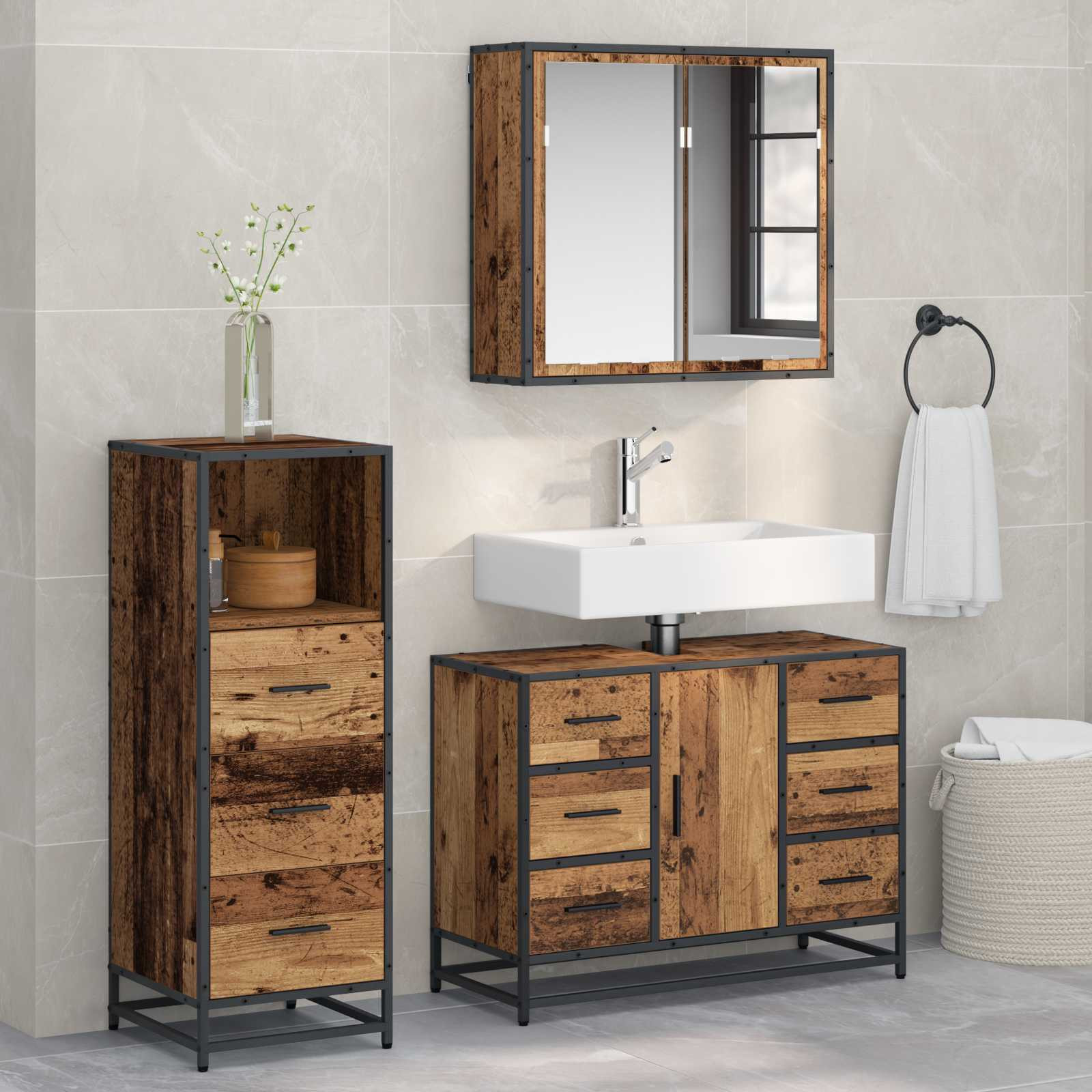 vidaXL Badezimmermöbel-Set mit Schubladen 3 pcs Altholz Holzwerkstoff