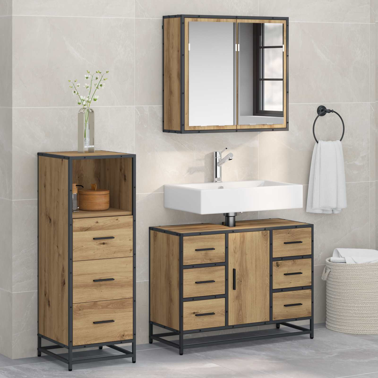 vidaXL Badezimmermöbel-Set 3 Stk. Artisan-Eiche 80 x 33 x 60 cm