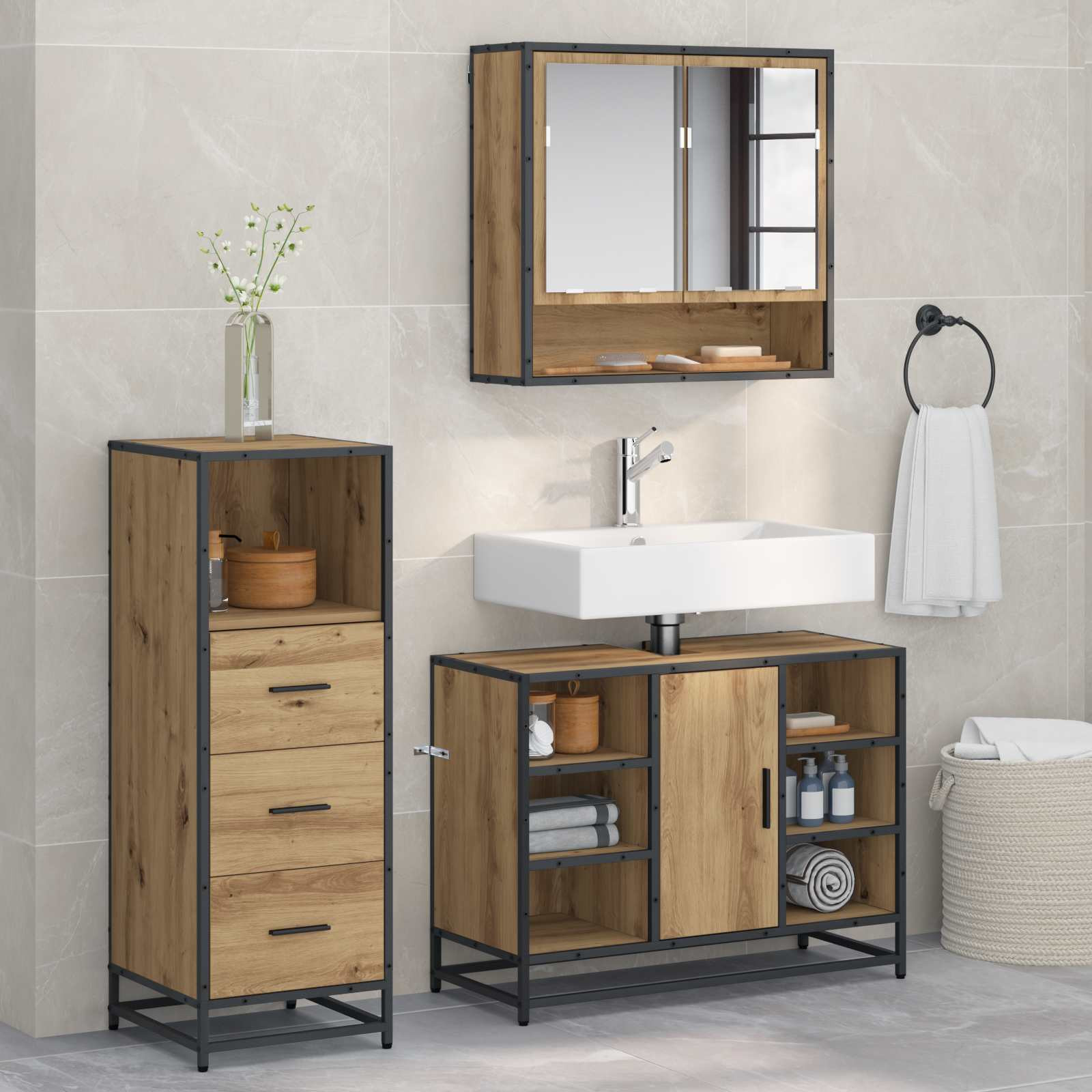 vidaXL Badezimmermöbel-Set 3 Stk. Artisan-Eiche 80 x 33 x 60 cm