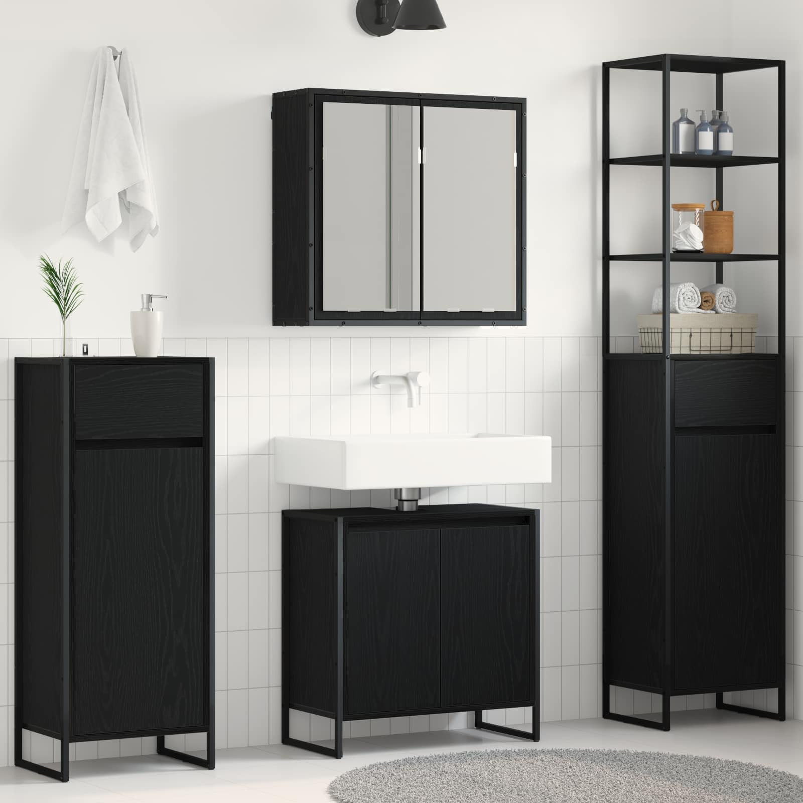 vidaXL Badezimmermöbel-Set mit Tür Schwarz Eichen-Optik Holzwerkstoff