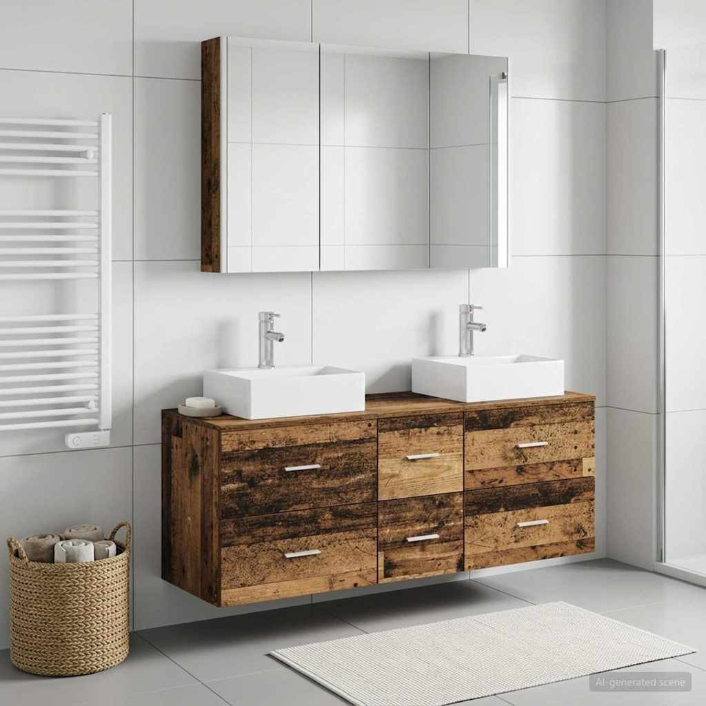 vidaXL Badezimmermöbel-Set 4 pcs Altholz Ingenieurholz und Glas
