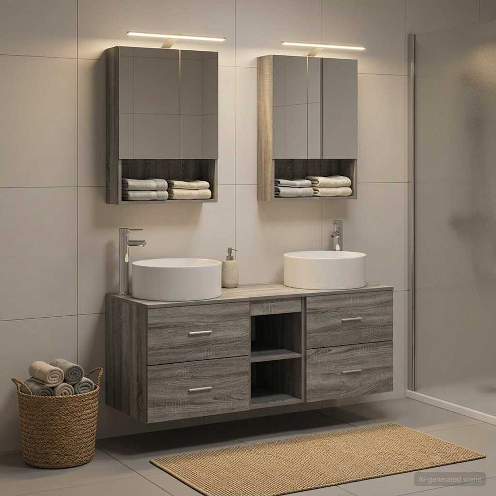 vidaXL Badezimmermöbel-Set 5 pcs Grau Sonoma Ingenieurholz und Glas