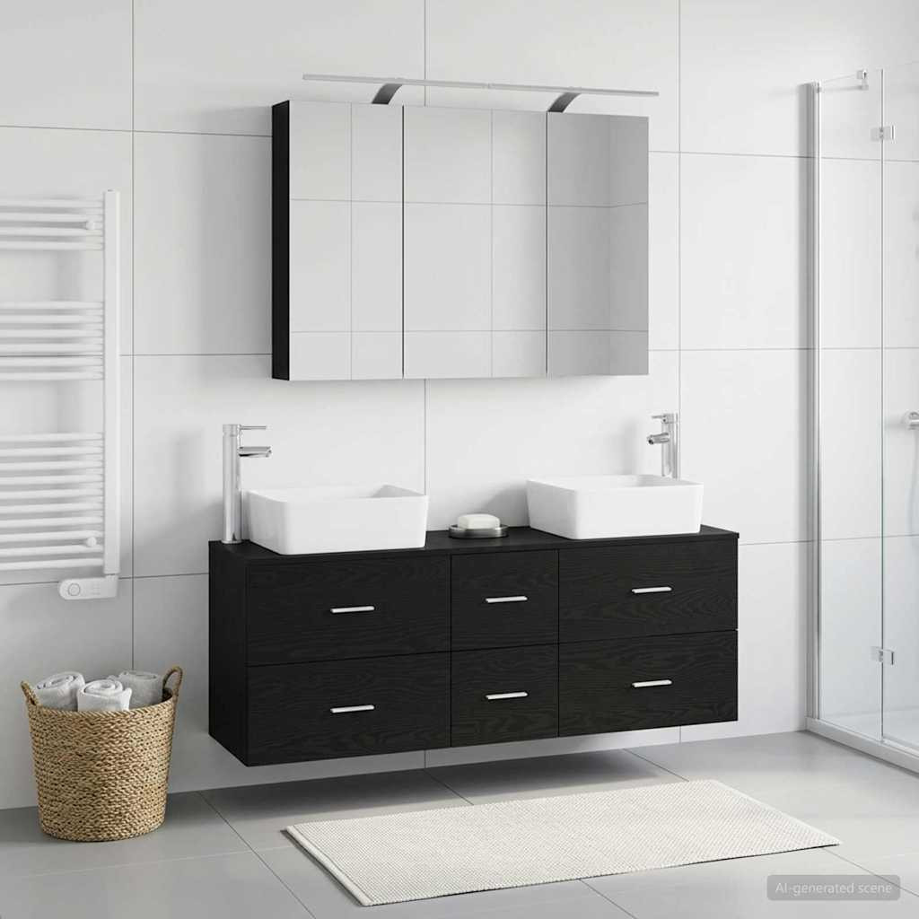 vidaXL Badezimmermöbel-Set 4 pcs Schwarze Eiche Ingenieurholz und Glas