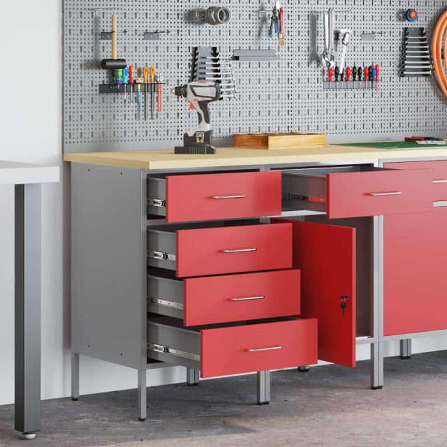 vidaXL Werkbank mit Schubladen 2 pcs Rot und Grau 100 x 55 x 85 cm