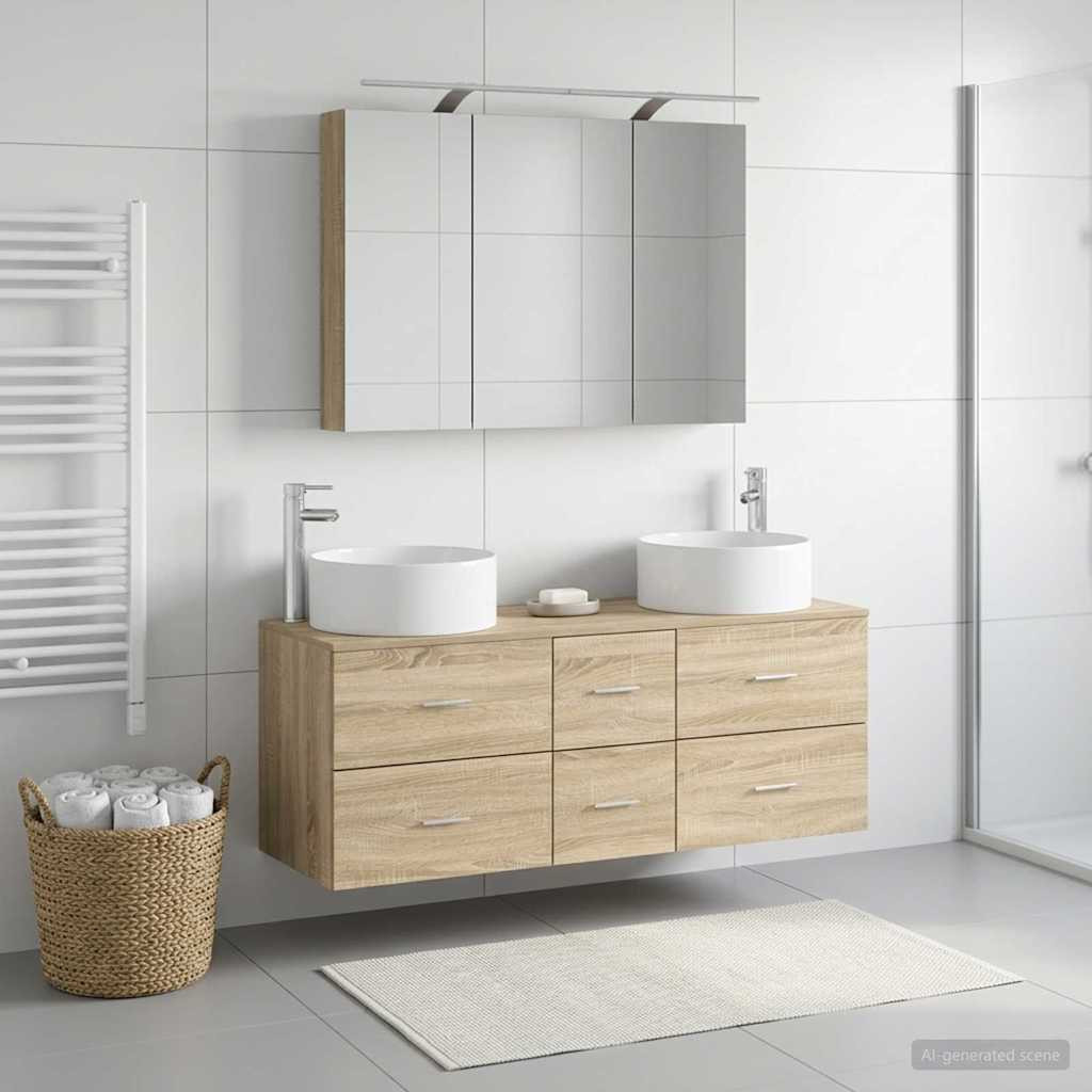 vidaXL Badezimmermöbel-Set 4 pcs Sonoma-Eiche Ingenieurholz und Glas