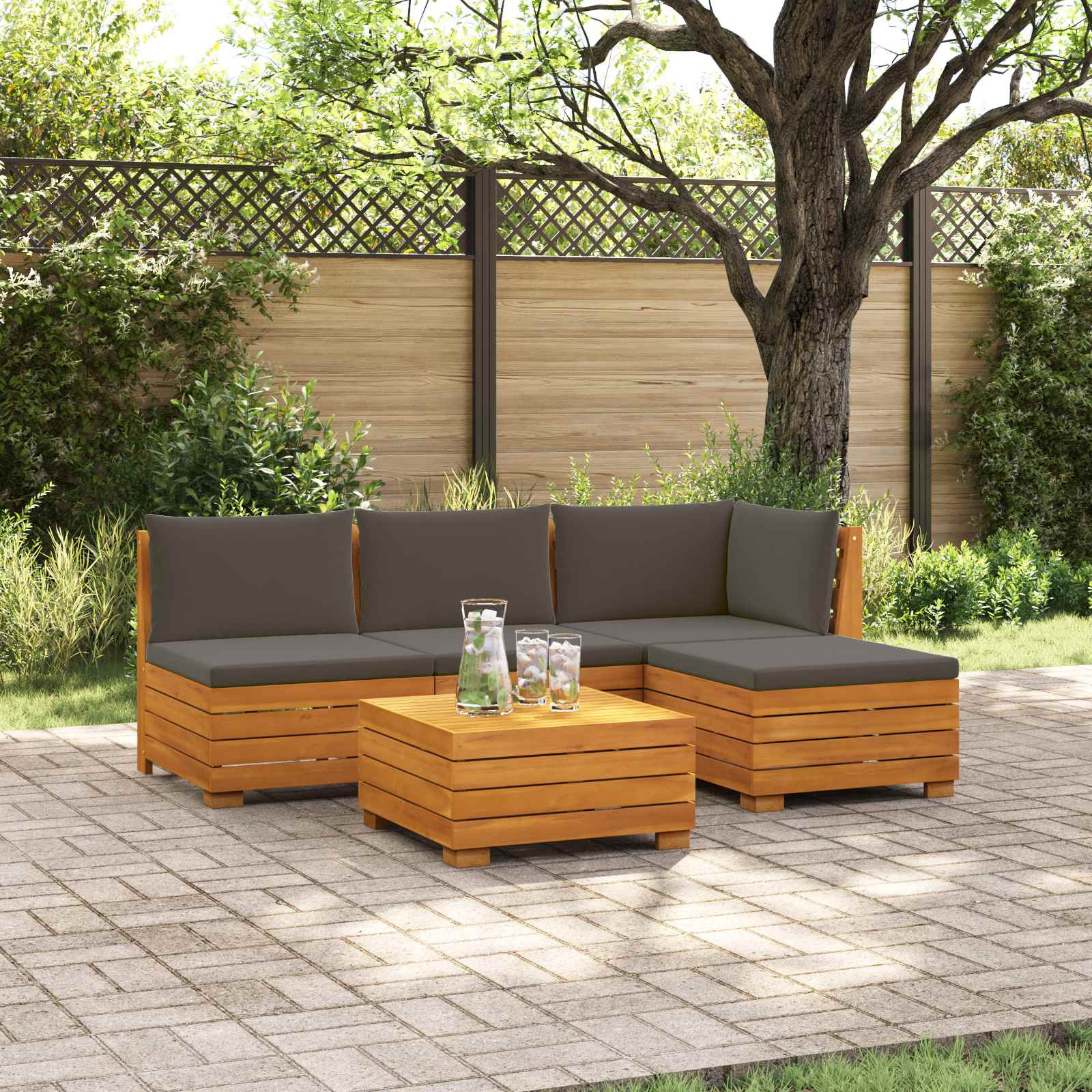 vidaXL Outdoor-Sofagarnitur mit Kissen 5 Stück Braun Massivholz Akazie