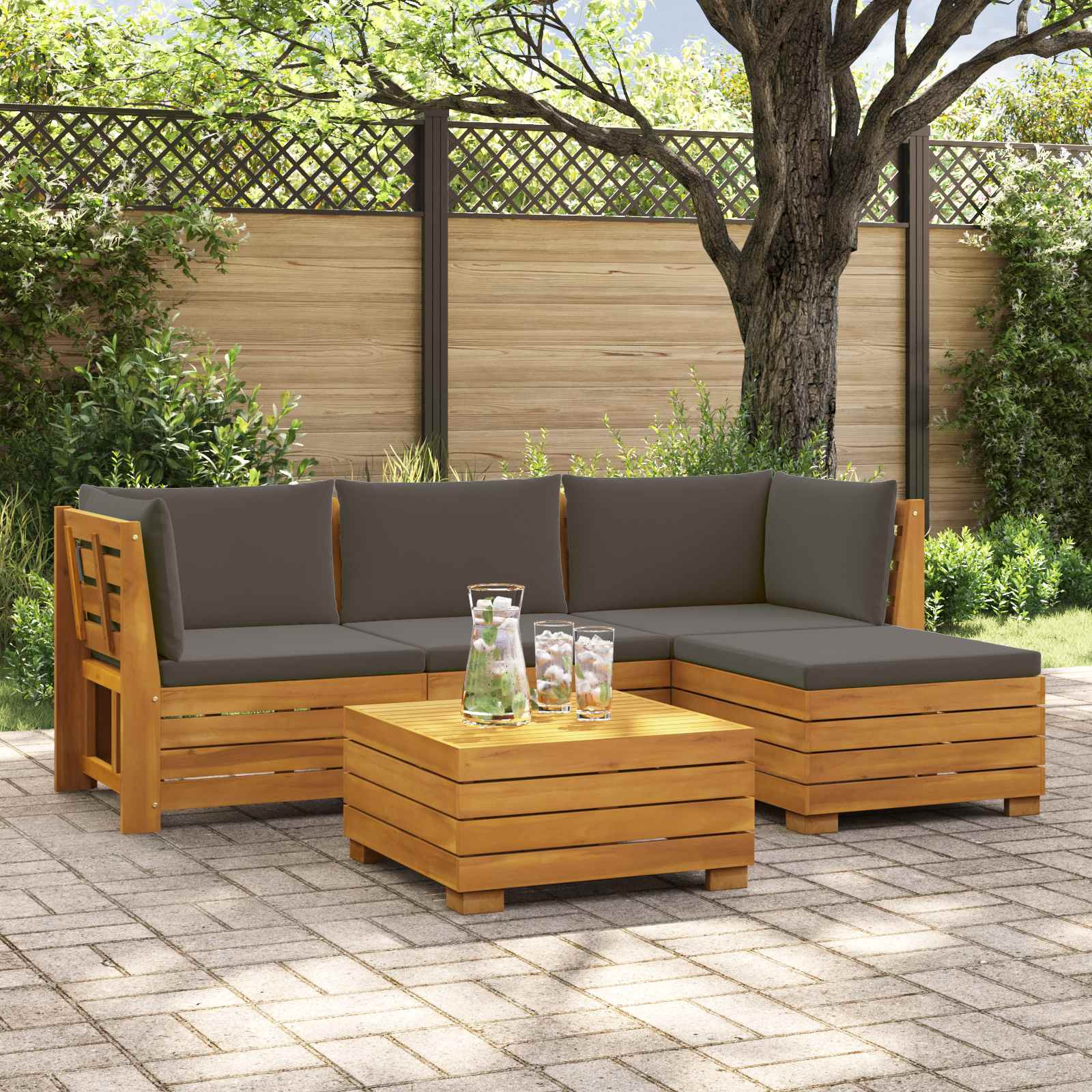 vidaXL Outdoor-Sofagarnitur mit Kissen 5 Stück Braun Massivholz Akazie