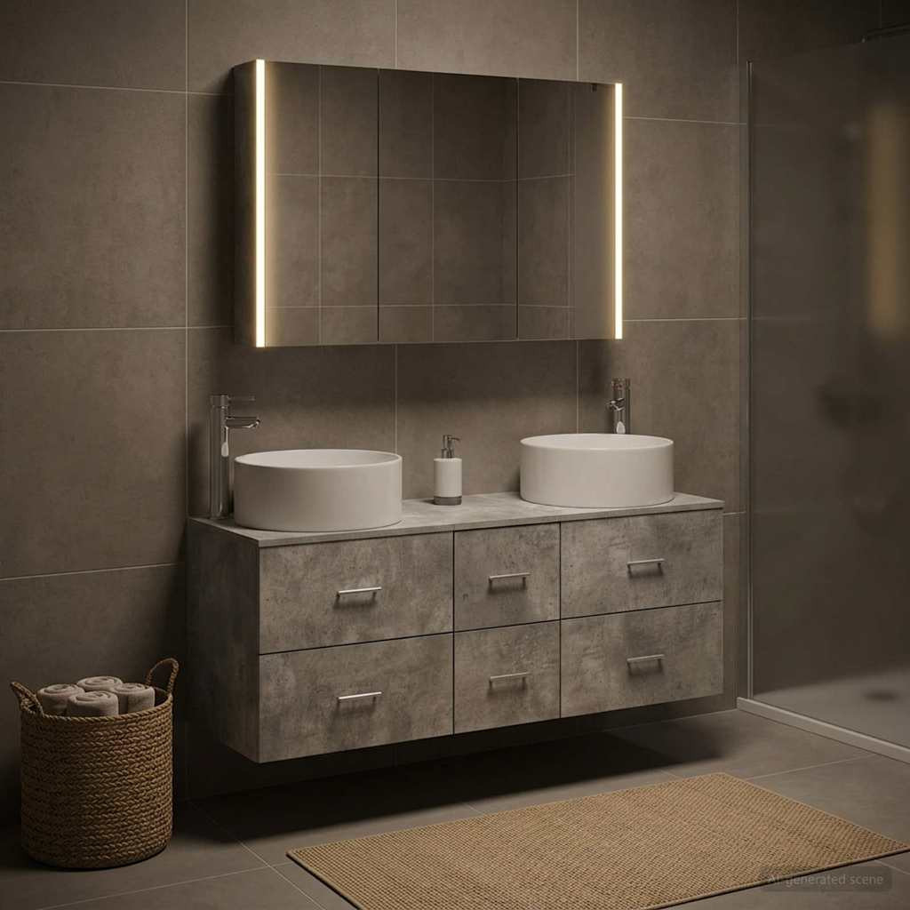 vidaXL Badezimmermöbel-Set 4 pcs Betongrau Ingenieurholz und Glas
