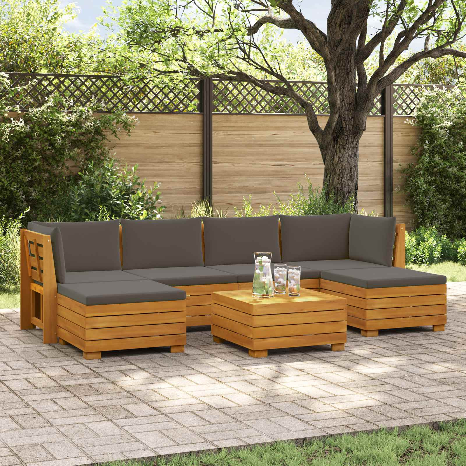 vidaXL Outdoor-Sofagarnitur mit Kissen 7 Stück Braun Massivholz Akazie