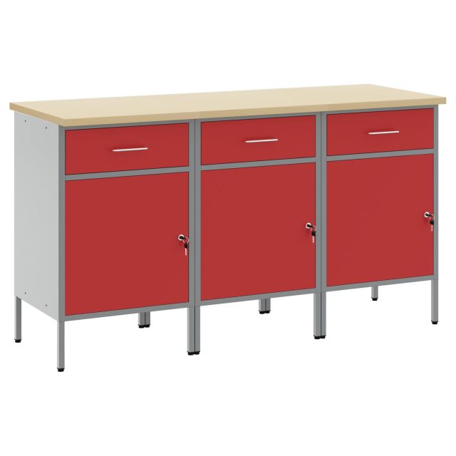 vidaXL Werkbank mit Schubladen 3 pcs Rot und Grau 150 x 55 x 85 cm
