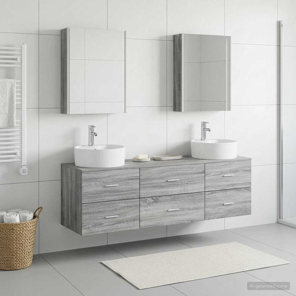 vidaXL Badezimmermöbel-Set 5 pcs Grau Sonoma Ingenieurholz und Glas
