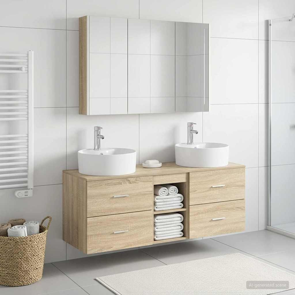 vidaXL Badezimmermöbel-Set 4 pcs Sonoma-Eiche Ingenieurholz und Glas