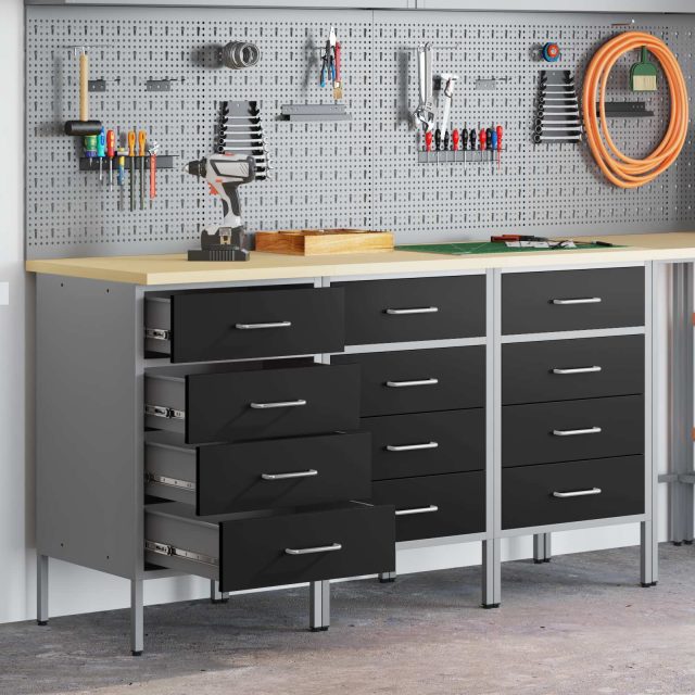vidaXL Werkbank mit Schubladen 3 pcs Schwarz und Grau 150 x 55 x 85 cm
