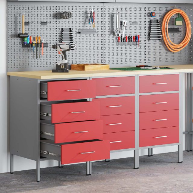 vidaXL Werkbank mit Schubladen 3 pcs Rot und Grau 150 x 55 x 85 cm