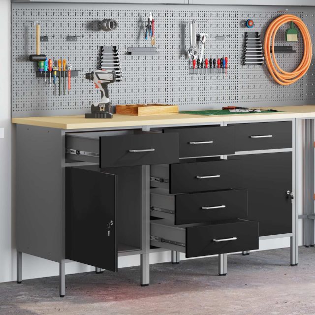 vidaXL Werkbank mit Schubladen 3 pcs Schwarz und Grau 150 x 55 x 85 cm