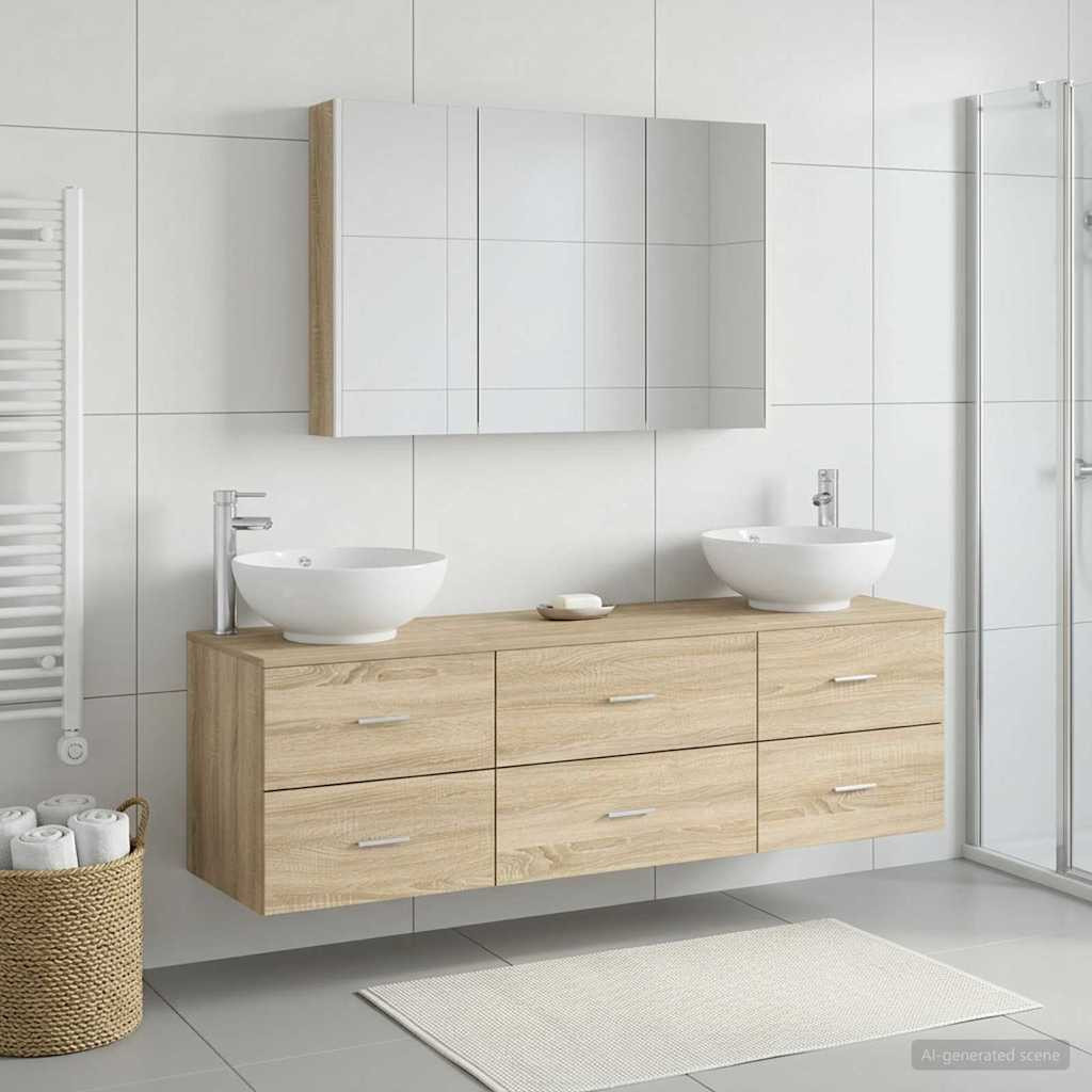 vidaXL Badezimmermöbel-Set 4 pcs Sonoma-Eiche Ingenieurholz und Glas