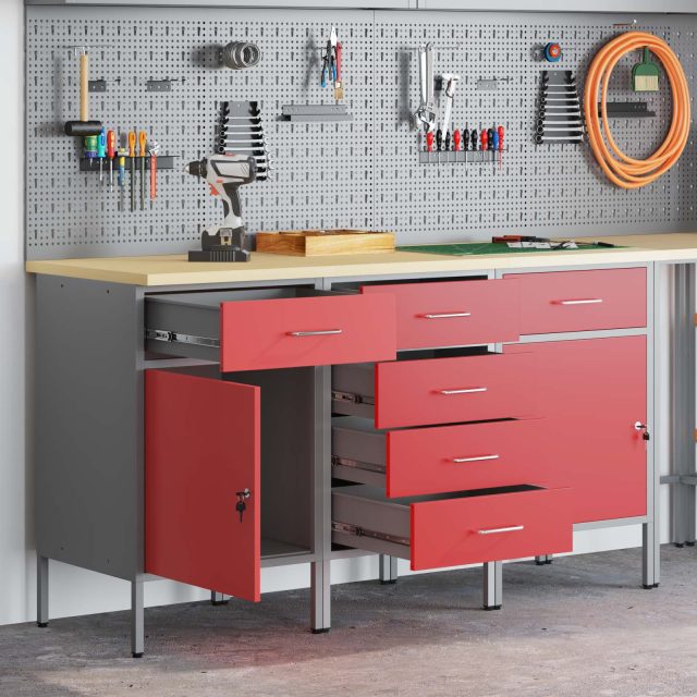 vidaXL Werkbank mit Schubladen 3 pcs Rot und Grau 150 x 55 x 85 cm