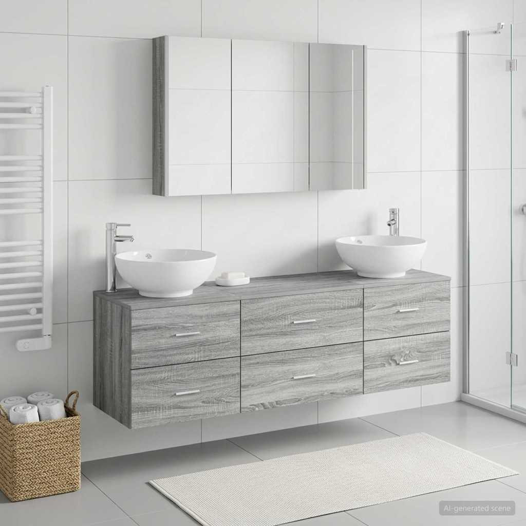 vidaXL Badezimmermöbel-Set 4 pcs Grau Sonoma Ingenieurholz und Glas
