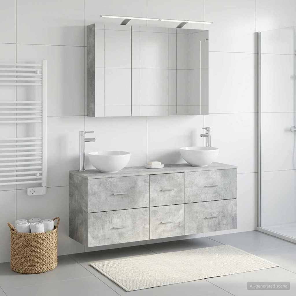 vidaXL Badezimmermöbel-Set 4 pcs Betongrau Ingenieurholz und Glas