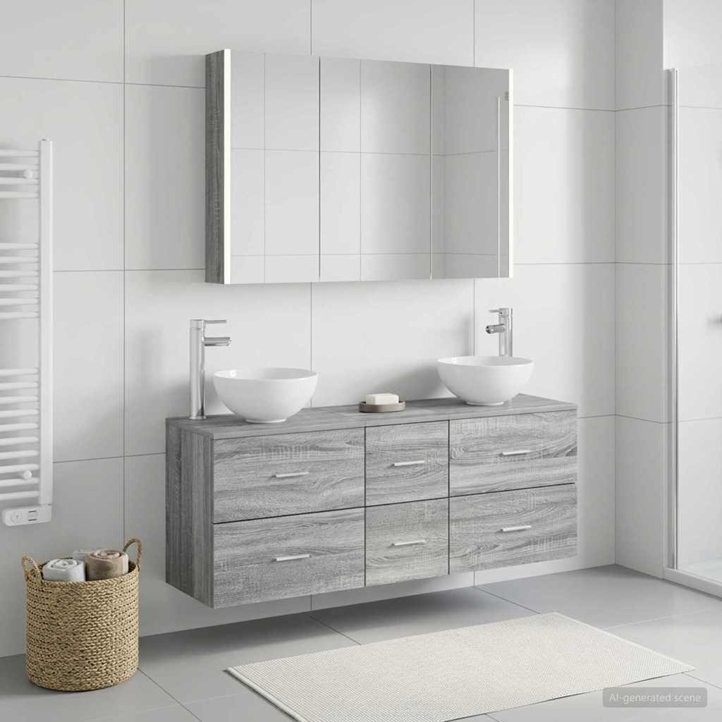 vidaXL Badezimmermöbel-Set 4 pcs Grau Sonoma Ingenieurholz und Glas
