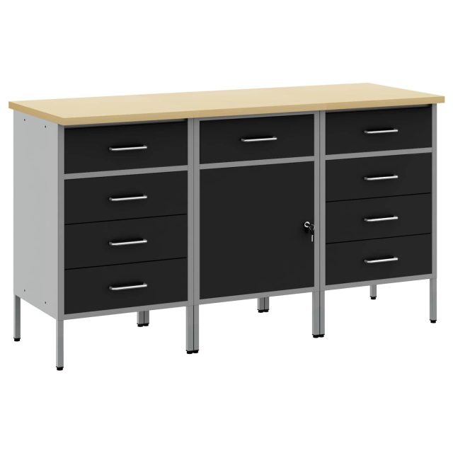 vidaXL Werkbank mit Schubladen 3 pcs Schwarz und Grau 150 x 55 x 85 cm