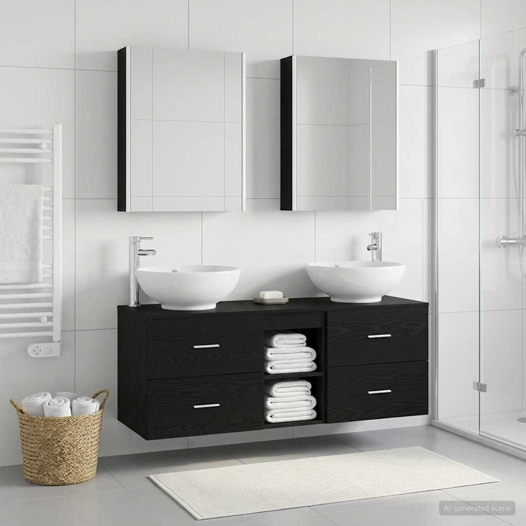 vidaXL Badezimmermöbel-Set 5 pcs Schwarze Eiche Ingenieurholz und Glas