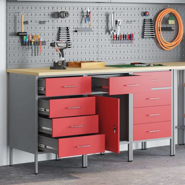 vidaXL Werkbank mit Schubladen 3 pcs Rot und Grau 150 x 55 x 85 cm