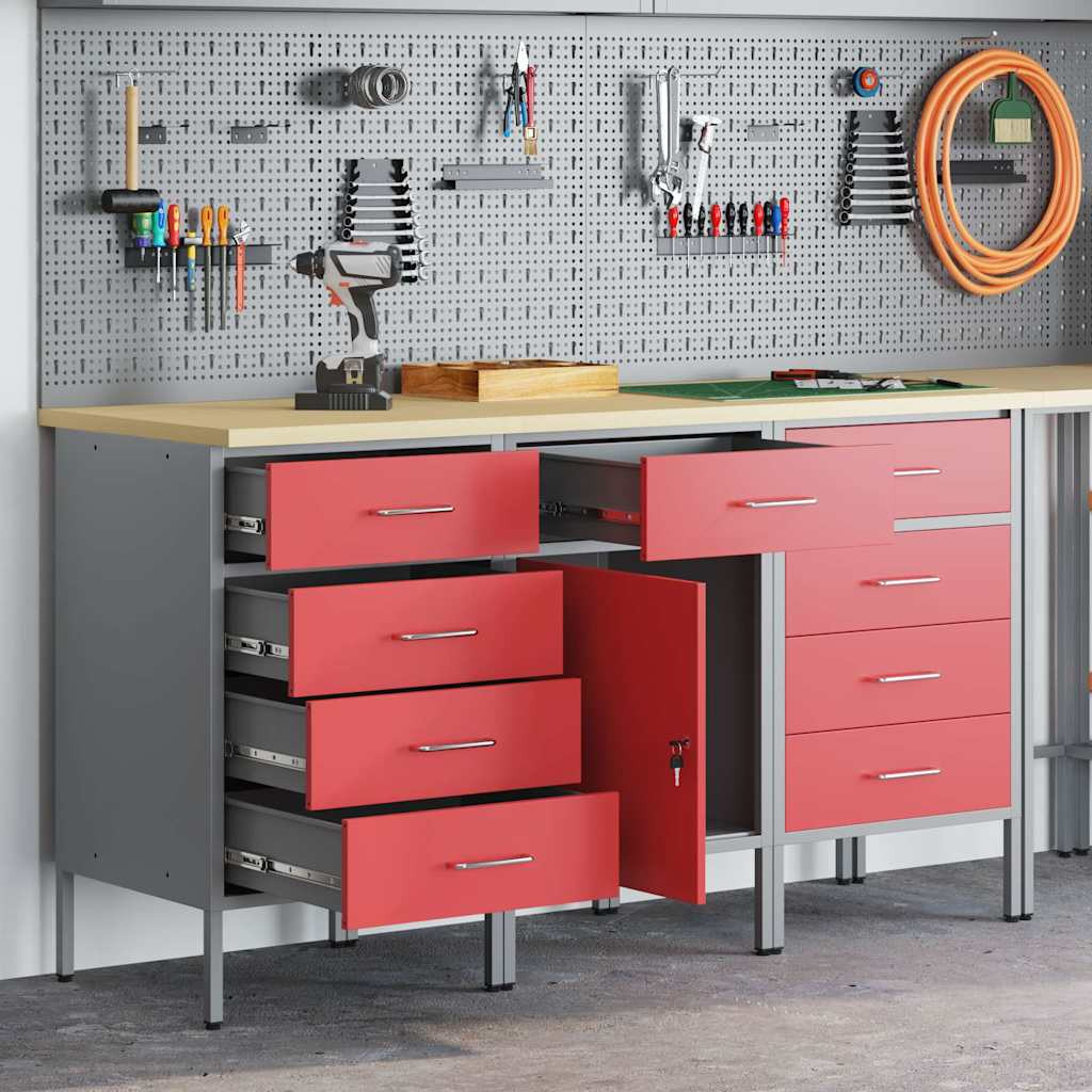vidaXL Werkbank mit Schubladen 3 pcs Rot und Grau 150 x 55 x 85 cm