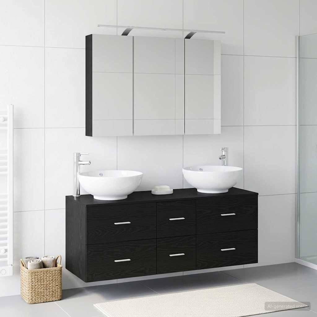 vidaXL Badezimmermöbel-Set 4 pcs Schwarze Eiche Ingenieurholz und Glas