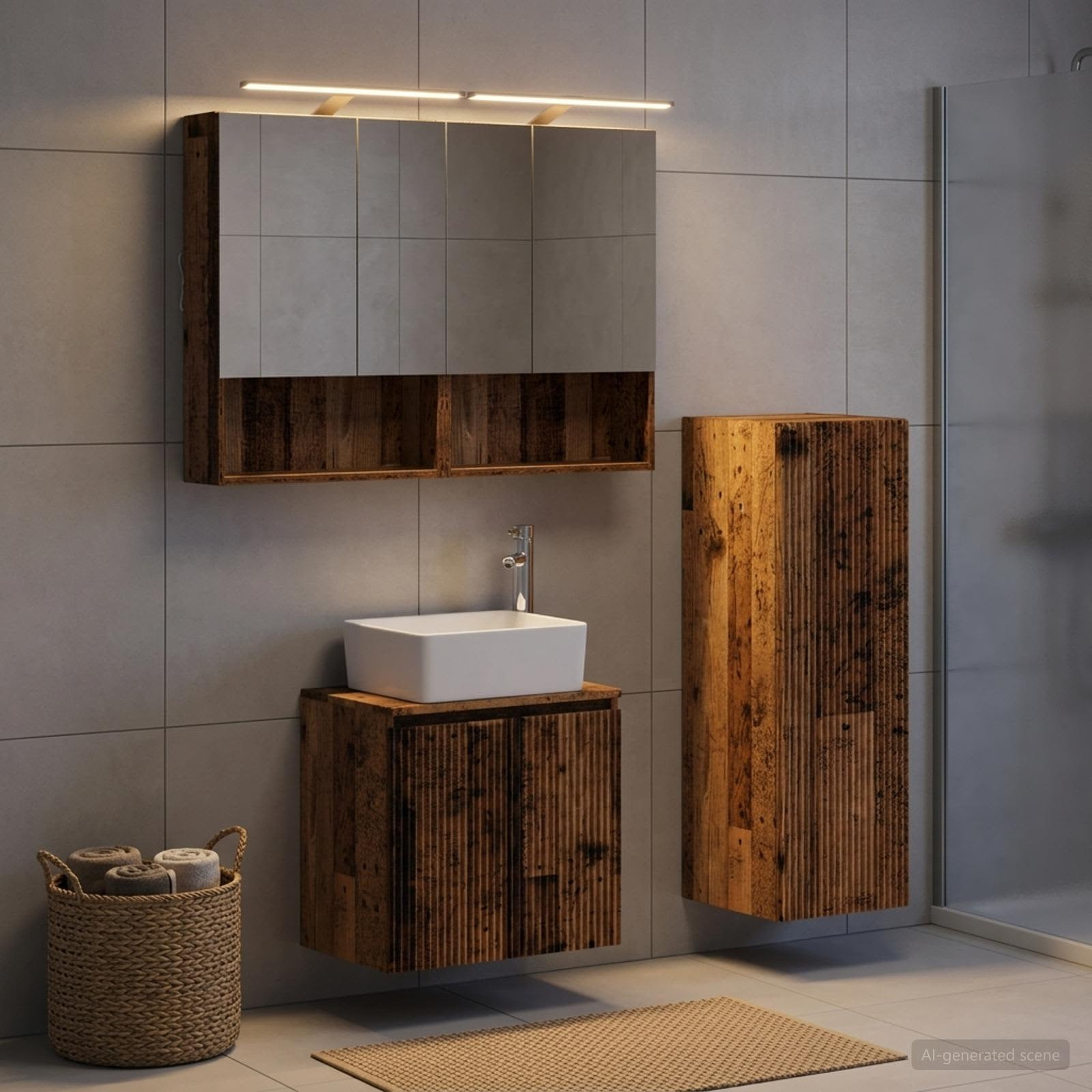 vidaXL Badezimmermöbel-Set 4 pcs Altholz Ingenieurholz und Glas