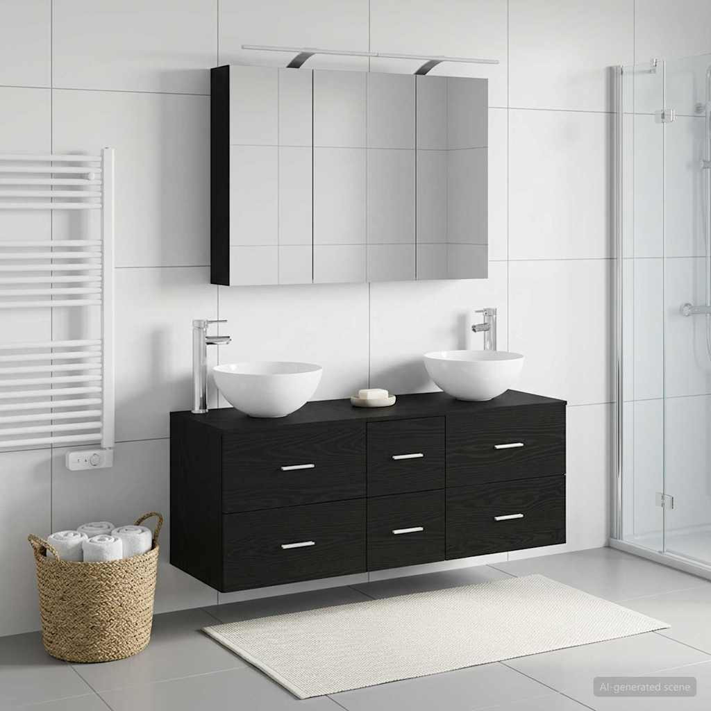 vidaXL Badezimmermöbel-Set 4 pcs Schwarze Eiche Ingenieurholz und Glas
