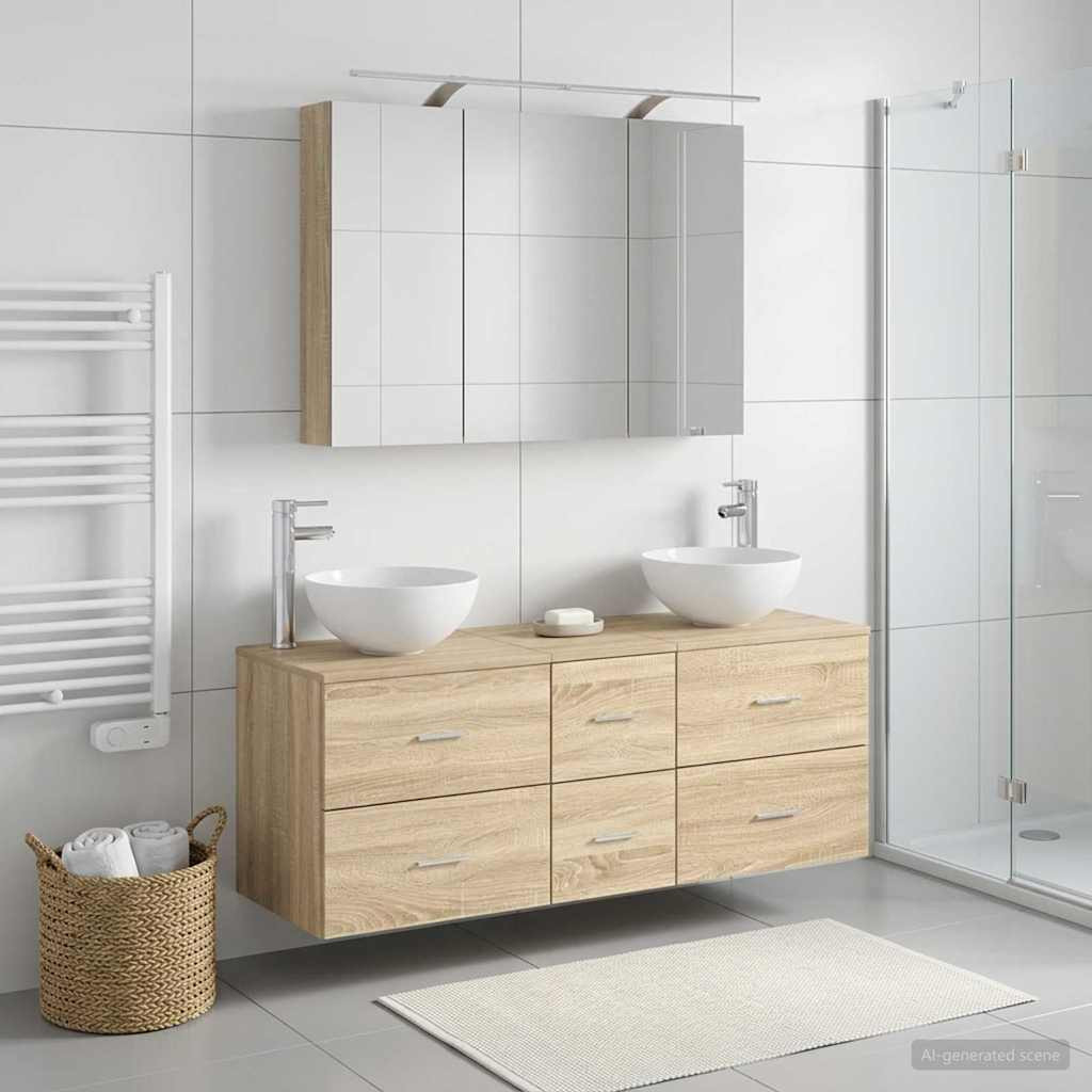 vidaXL Badezimmermöbel-Set 4 pcs Sonoma-Eiche Ingenieurholz und Glas