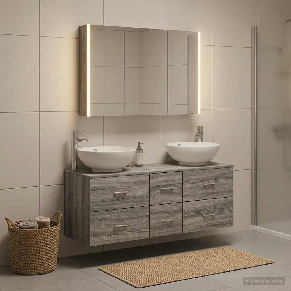 vidaXL Badezimmermöbel-Set 4 pcs Grau Sonoma Ingenieurholz und Glas