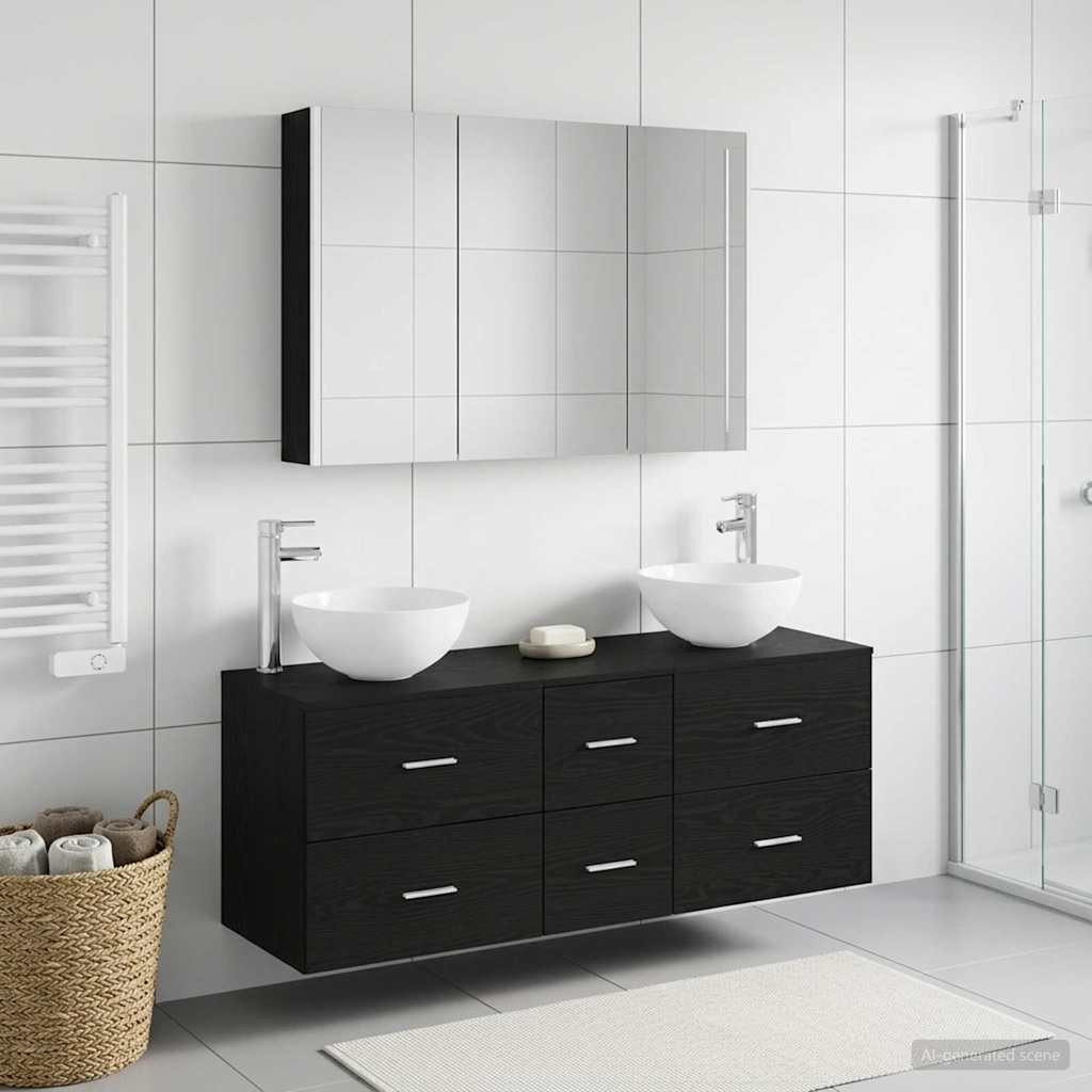 vidaXL Badezimmermöbel-Set 4 pcs Schwarze Eiche Ingenieurholz und Glas
