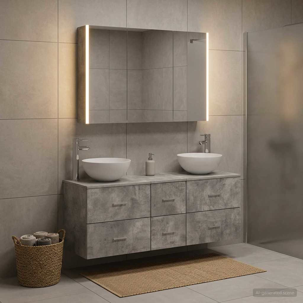 vidaXL Badezimmermöbel-Set 4 pcs Betongrau Ingenieurholz und Glas