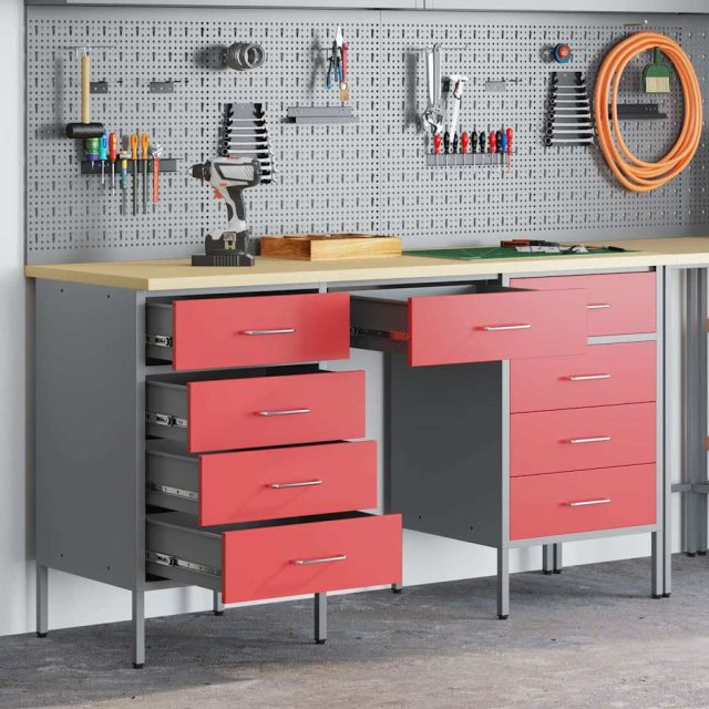 vidaXL Werkbank mit Schubladen 3 pcs Rot Ingenieure Holz und Stahl
