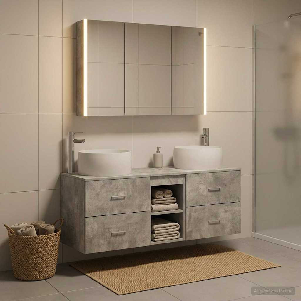 vidaXL Badezimmermöbel-Set 4 pcs Betongrau Ingenieurholz und Glas
