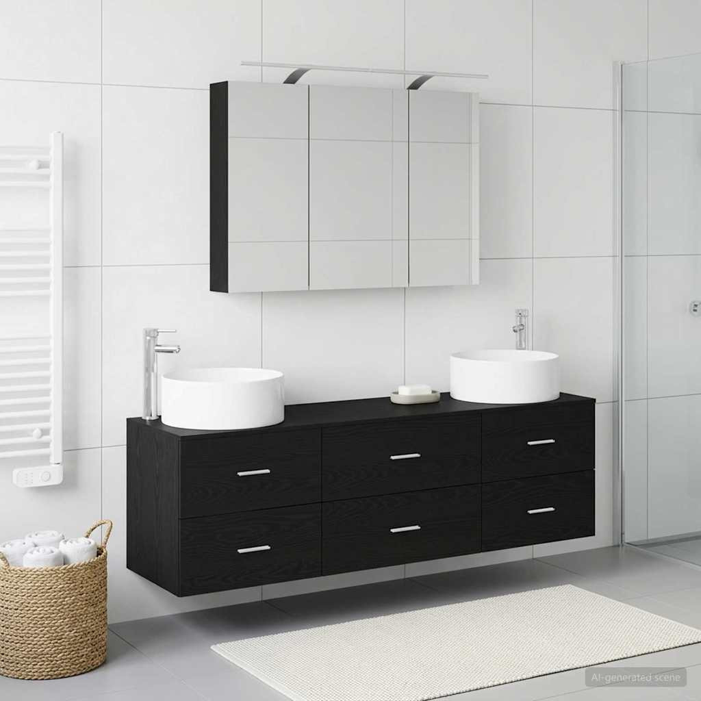 vidaXL Badezimmermöbel-Set 4 pcs Schwarze Eiche Ingenieurholz und Glas