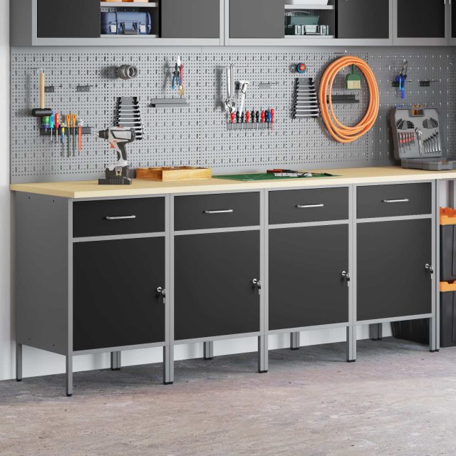 vidaXL Werkbank mit Schubladen 4 pcs Schwarz und Grau 200 x 55 x 85 cm