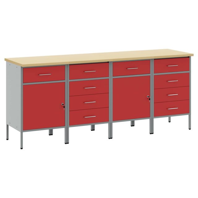 vidaXL Werkbank mit Schubladen 4 pcs Rot und Grau 200 x 55 x 85 cm