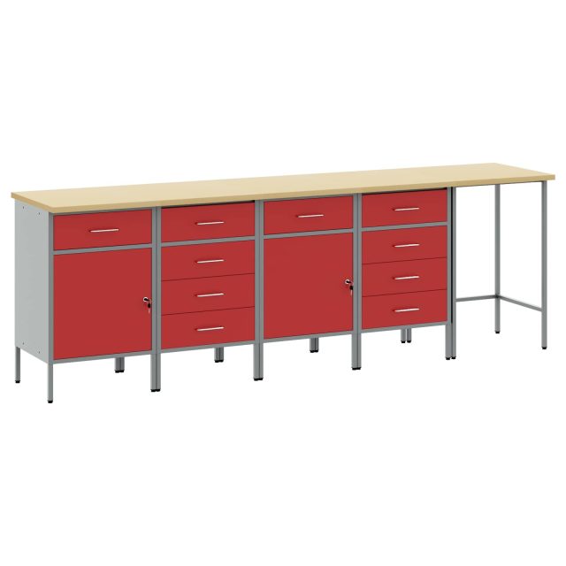 vidaXL Arbeitsschrankset mit Schubladen mit Schloss 5 pcs Rot und Grau