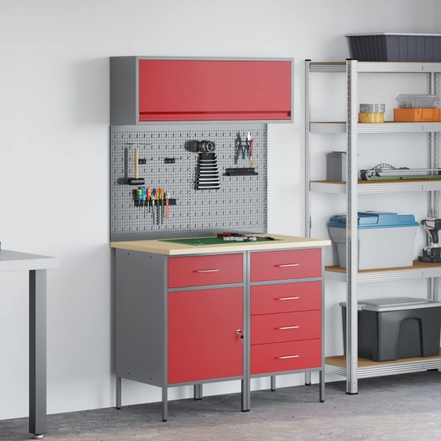 vidaXL Arbeitsschrankset mit Schubladen mit Regal 5 pcs Rot